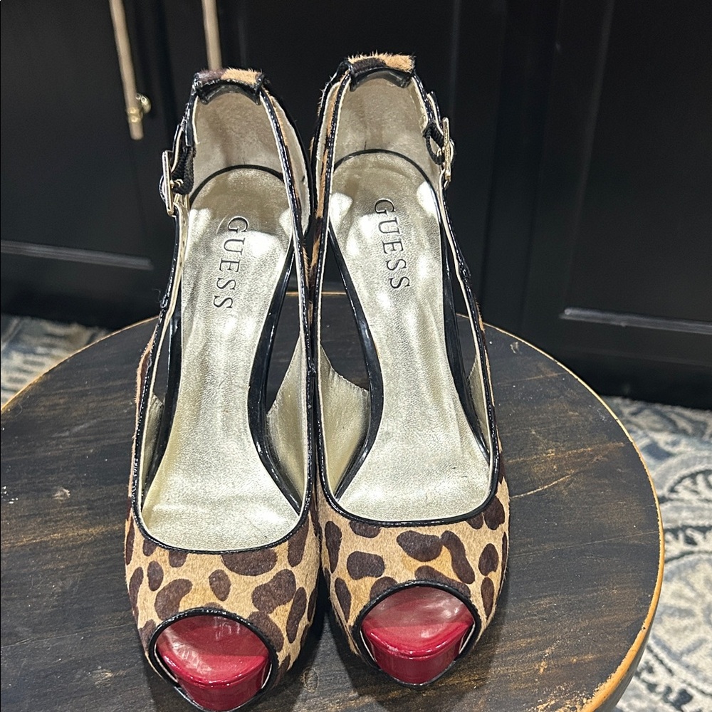 Guess Animal Print Peep Toe Heels with Red Accent